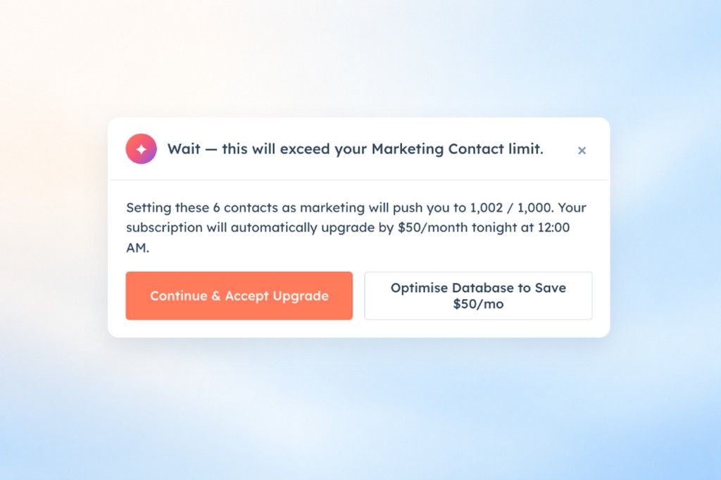 Contact-limit warning with Continue and Accept Upgrade or Optimise Database both visible.