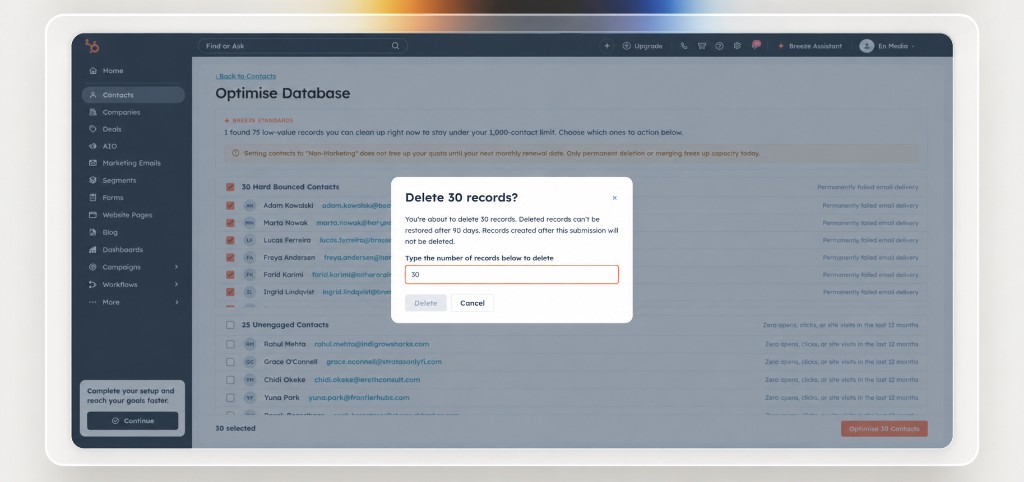 Optimise Database with Breeze diagnosis categories and a type-to-confirm deletion of 30 records.