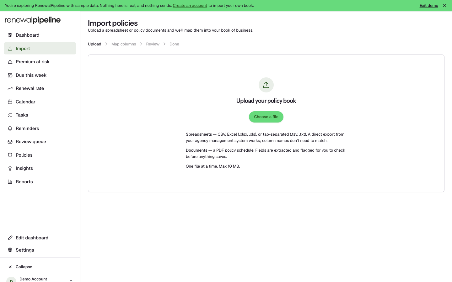 Import policies screen with Upload, Map columns, Review and Done steps, accepting a spreadsheet or PDF policy schedule for review before anything is saved.