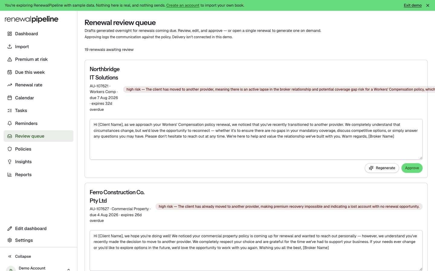 Renewal review queue showing Northbridge IT Solutions policy context, a high-risk explanation, an editable draft, and Regenerate and Approve controls.